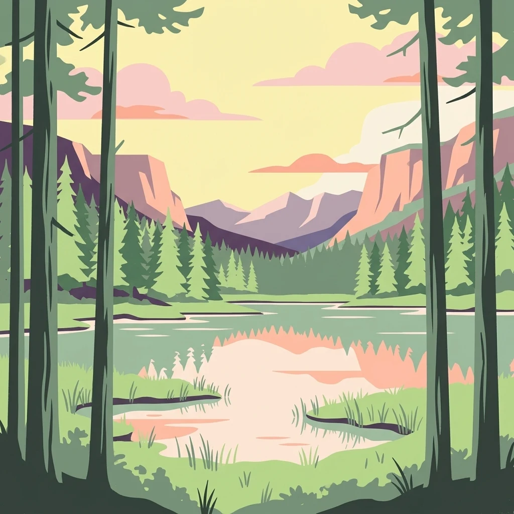 Illustration showing tall pine trees in the foreground, a lake with reflections, and mountains in the background under a light sky with clouds