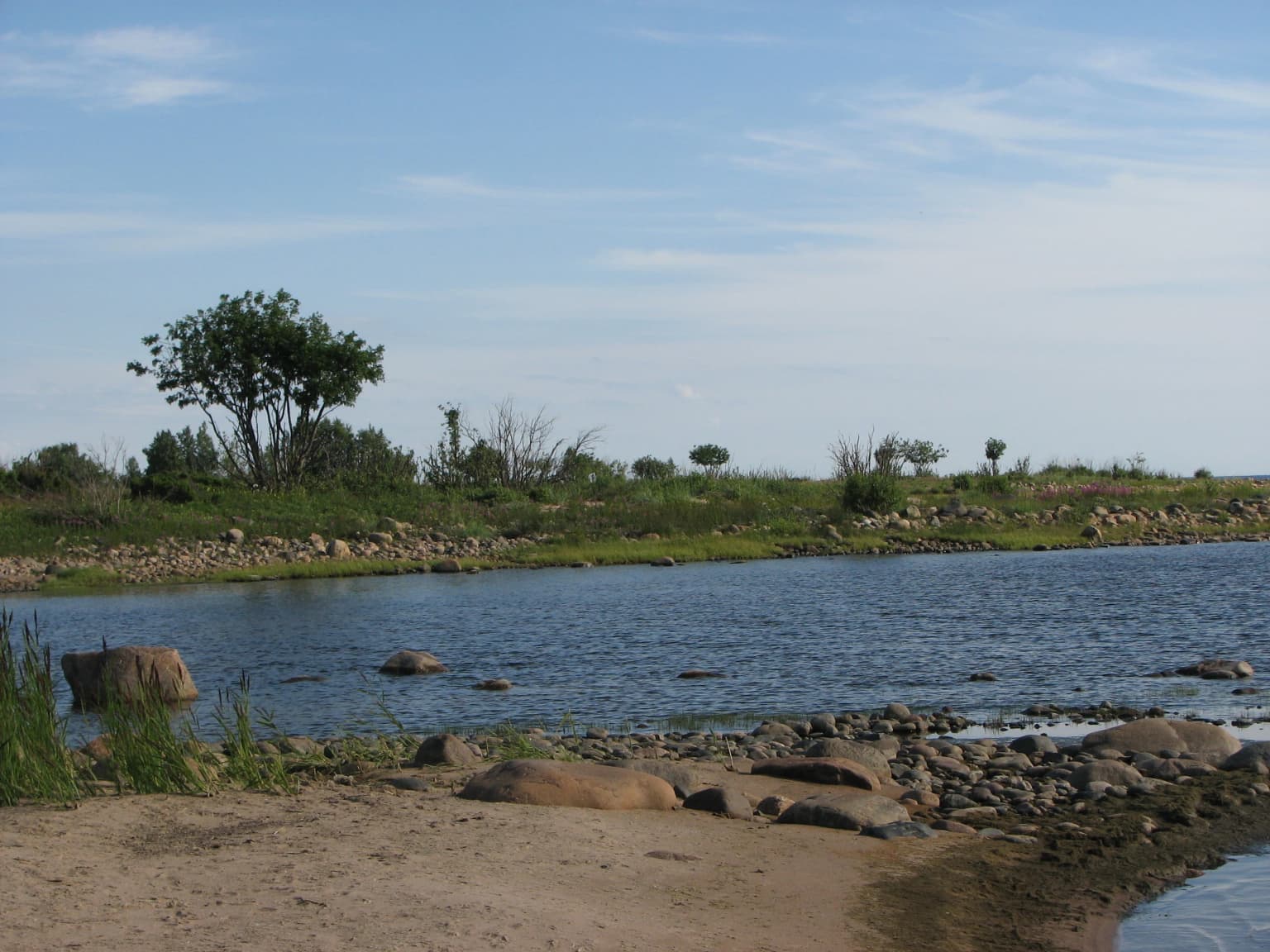 Sandskär island shoreline with calm water, rocks, sandy beach, and sparse vegetation under a partly cloudy sky