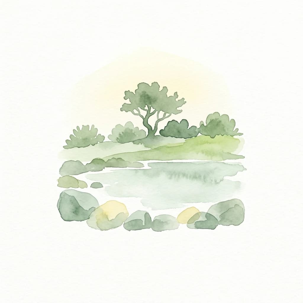 Watercolor illustration of a lake with rocks, trees, and a pale yellow sky
