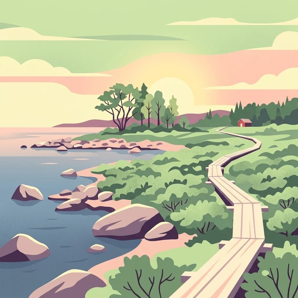 Illustration of a wooden boardwalk along a rocky coastline with trees, water, and a sunset