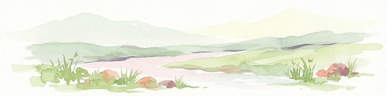 Watercolor painting showing green hills, a body of water, grasses, and rocks