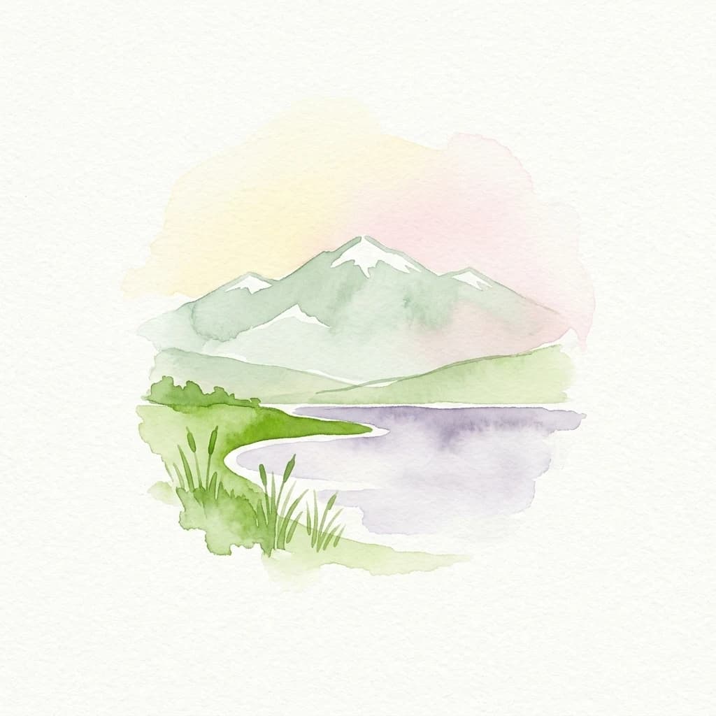 Pintura de acuarela que muestra un lago rodeado de montañas con picos nevados