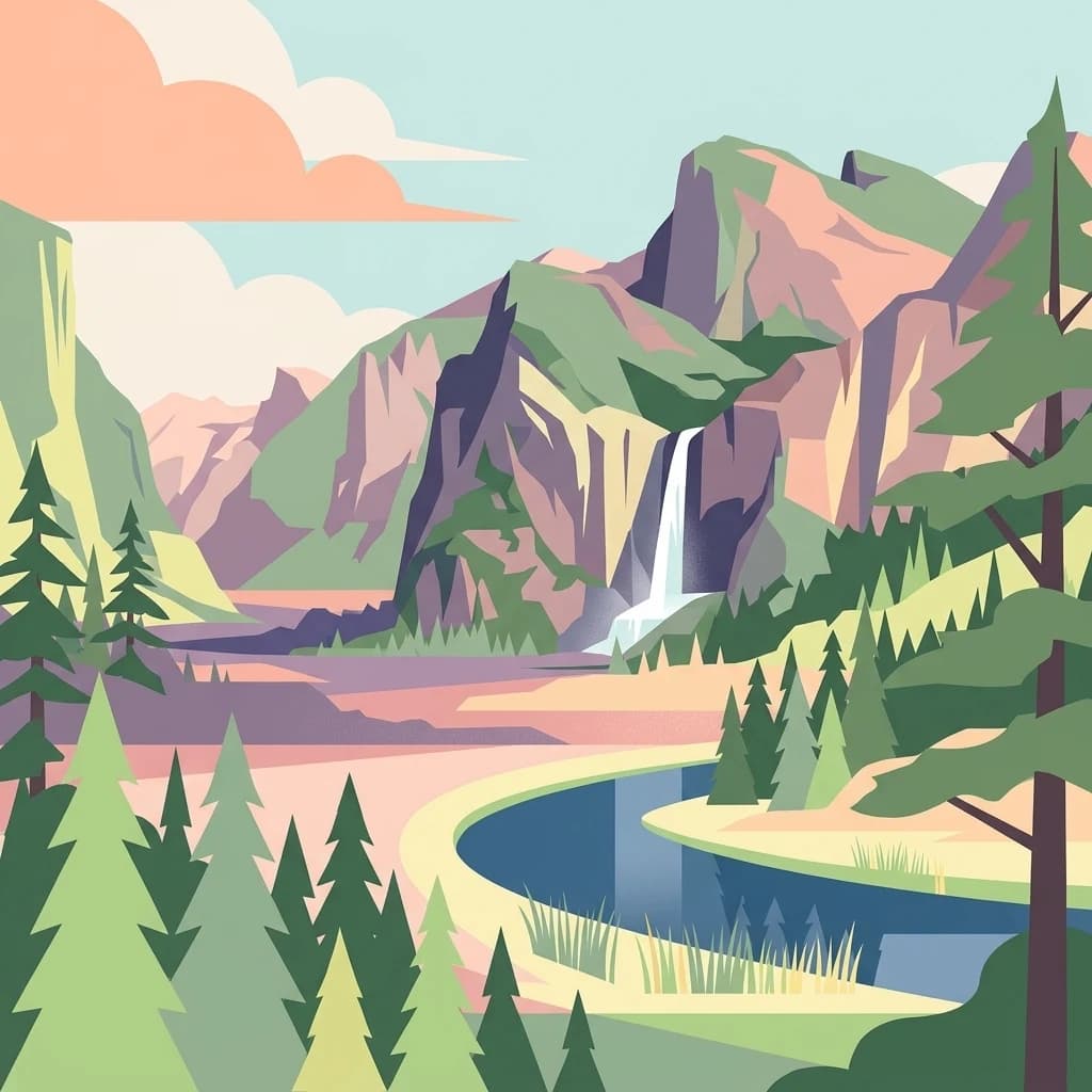 Ilustración de un paisaje montañoso con una cascada, un río y un bosque con pinos en primer plano