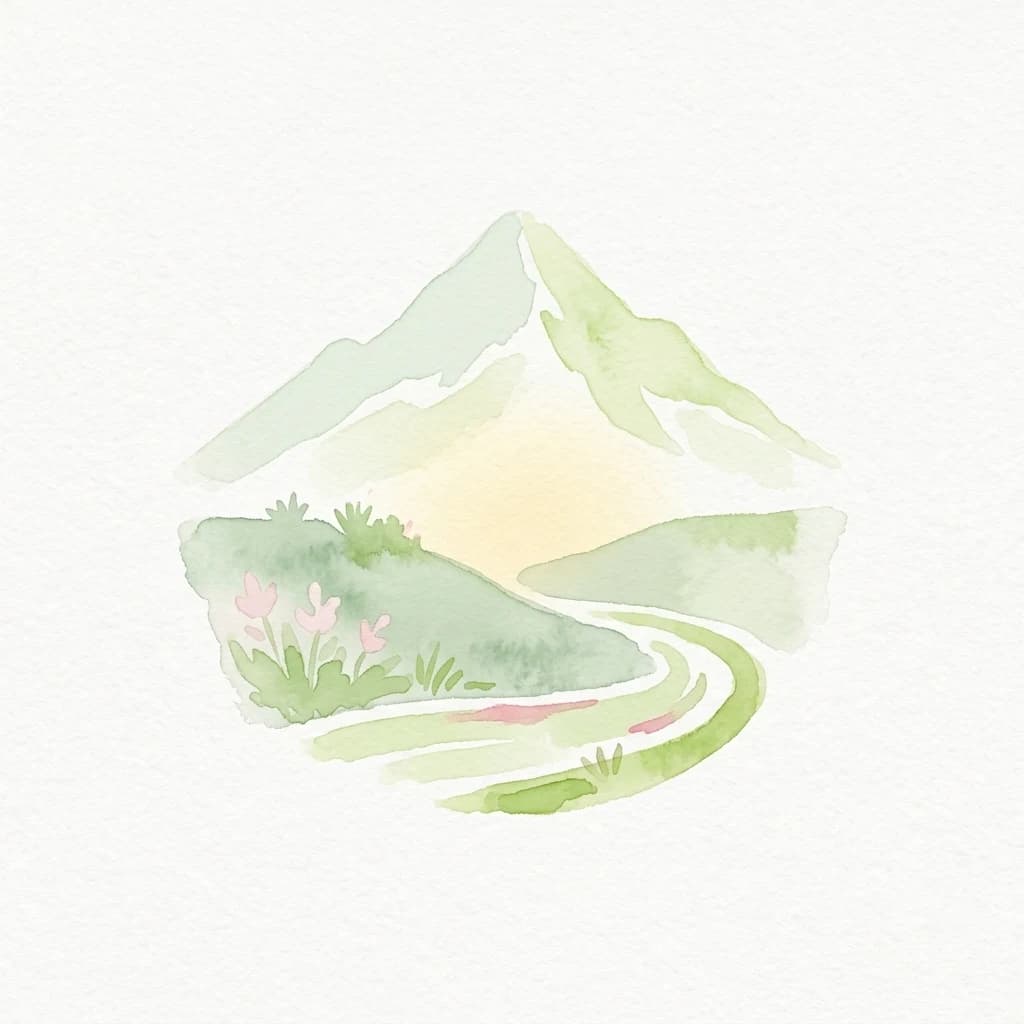 Watercolor illustration showing a mountain peak, winding path, green hills, and pink flowers