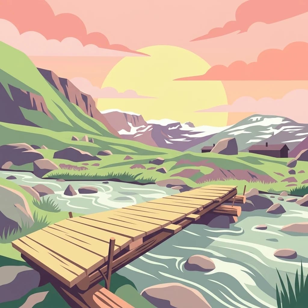 Illustration of a wooden bridge over a river in a mountainous landscape with green hills, rocky terrain, and a sunset sky
