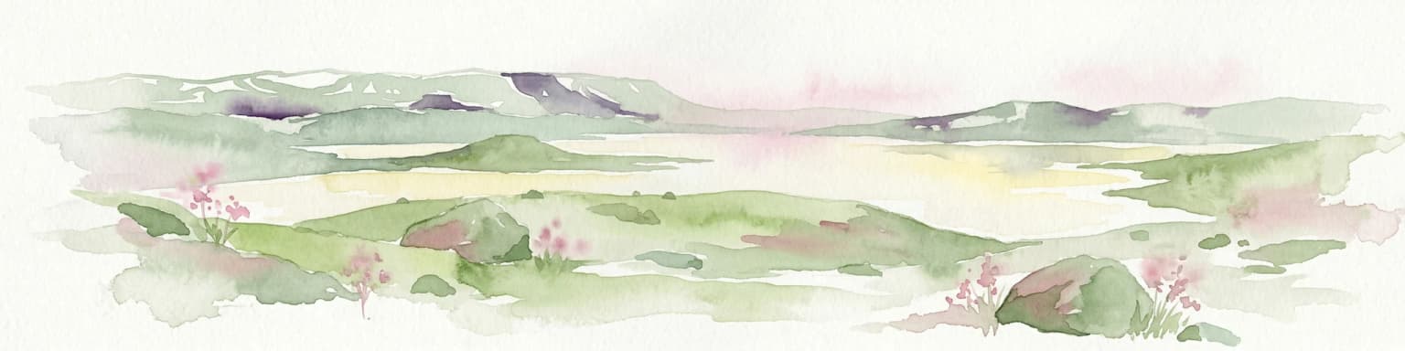 Watercolor painting of rolling green hills, a body of water, and pink flowers