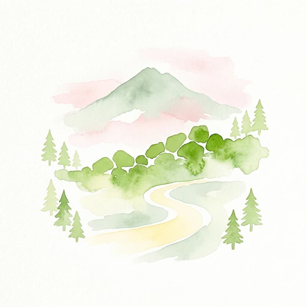 Watercolor painting showing pine trees, winding path, and mountains in background