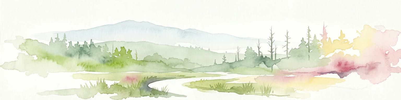 Watercolor illustration of a mountainous landscape with forests and a winding path