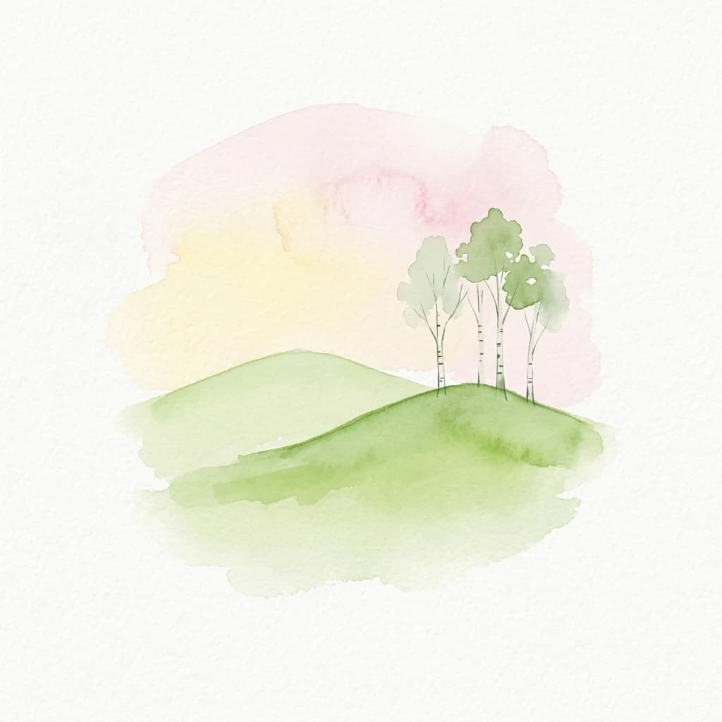 A watercolor painting showing green hills, four trees, and a pastel sky with pink and yellow hues