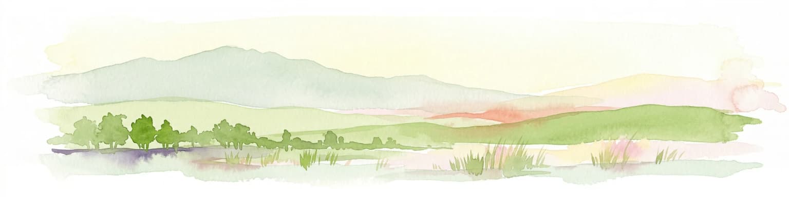Watercolor painting of green rolling hills, a river, and distant mountains under a light sky.