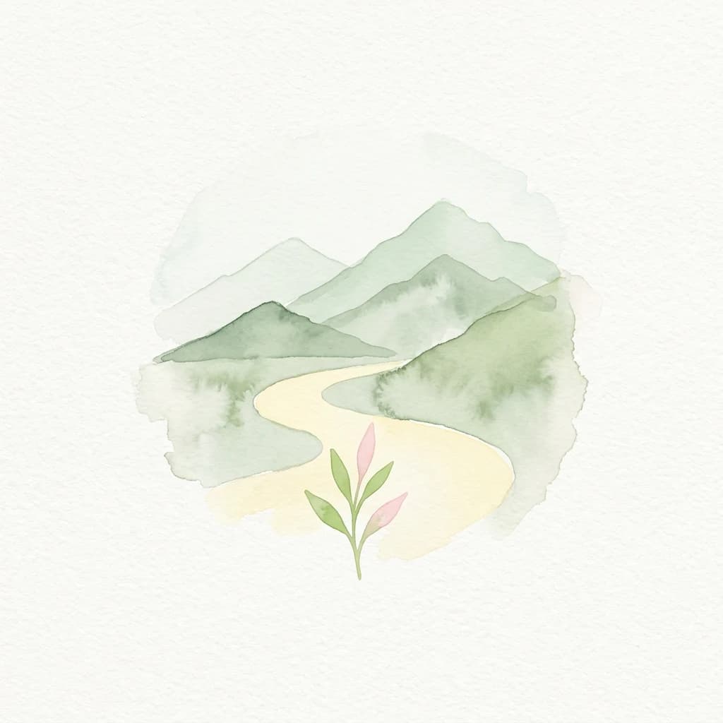 Watercolor painting of mountains, a meandering river, and a small plant in the foreground