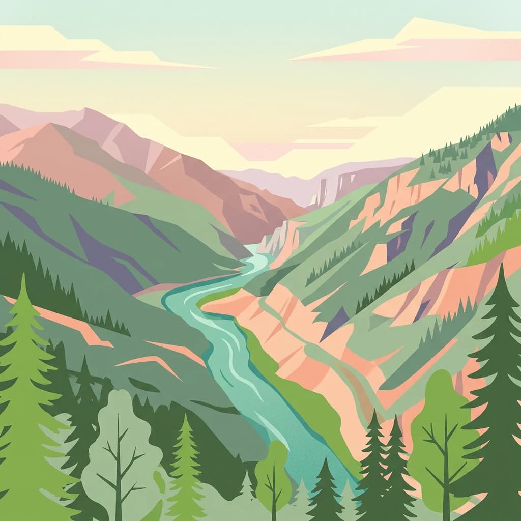 Illustration of a mountain valley with a river, surrounded by forests and rocky cliffs under a light sky