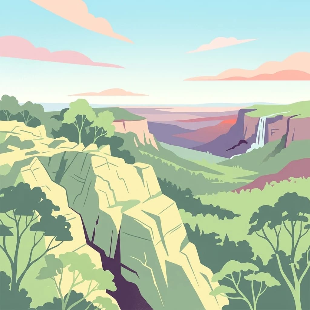 Illustrated view of rocky cliffs, forested hills, and a waterfall in a mountainous landscape with trees and distant mountains under a partly cloudy sky