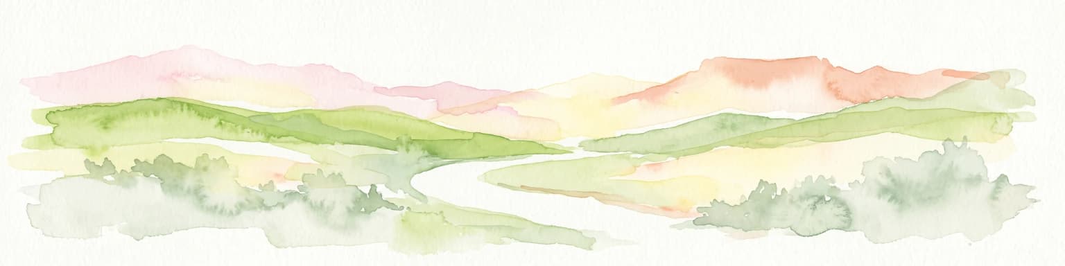 A watercolor painting depicting a soft, stylized mountain range and a river winding through a valley.