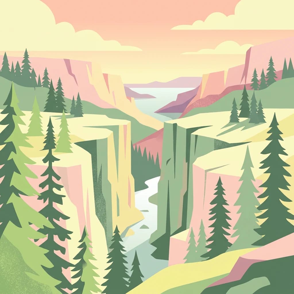 Stylized illustration of a deep canyon with steep cliffs, a river flowing through, and surrounding evergreen forests under a pastel sky
