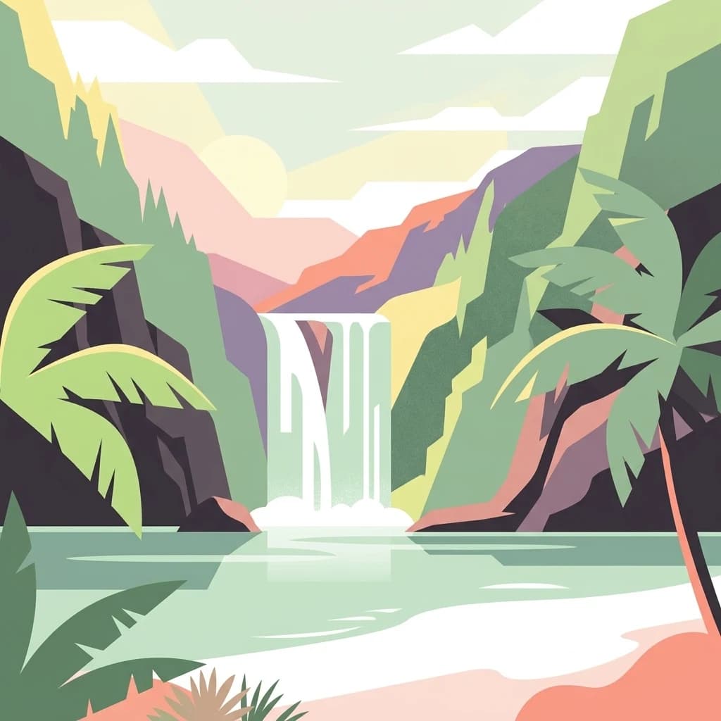 Ilustración de una cascada con montañas, palmeras y un lago