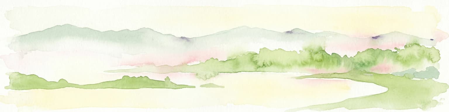 Pintura de acuarela que representa montañas, un lago y vegetación verde