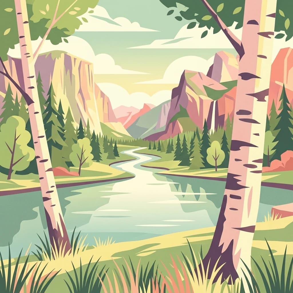 An illustration showing a river flowing through a valley with tall birch trees in the foreground, green forests, and rocky mountains in the background