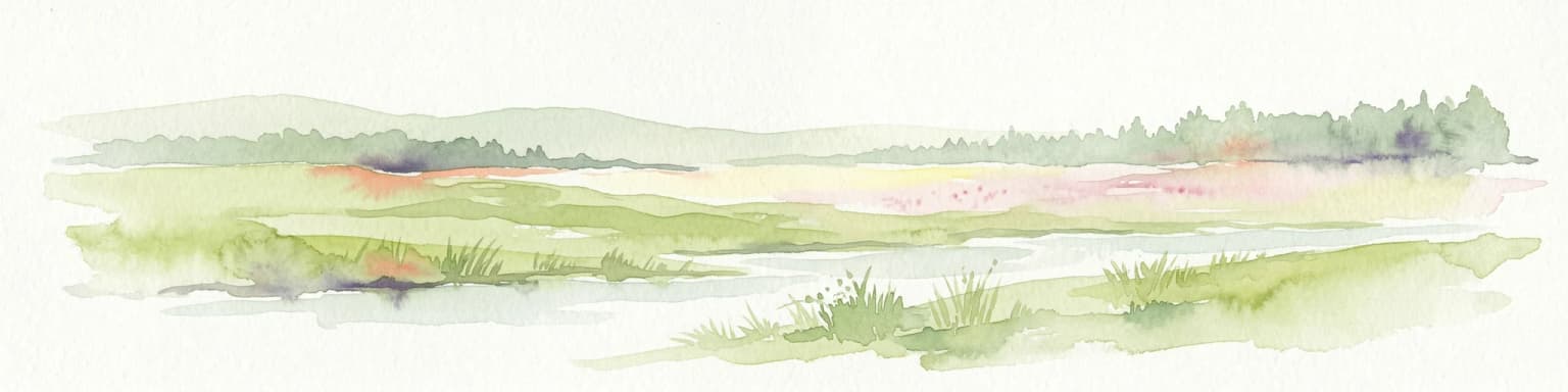 Watercolor depiction of a river landscape with grassy plains, distant trees, and hills
