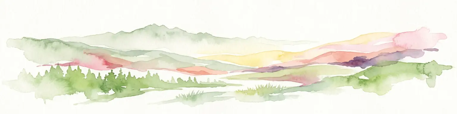 A watercolor painting of a rolling, soft-toned landscape with a foreground of green forest and layers of hills receding into the distance.