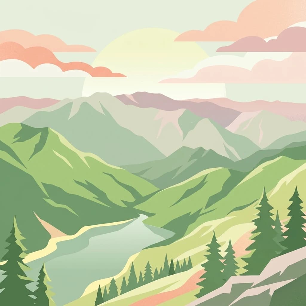 Stylized illustration showing mountain peaks, a lake, and pine trees under a pastel sky