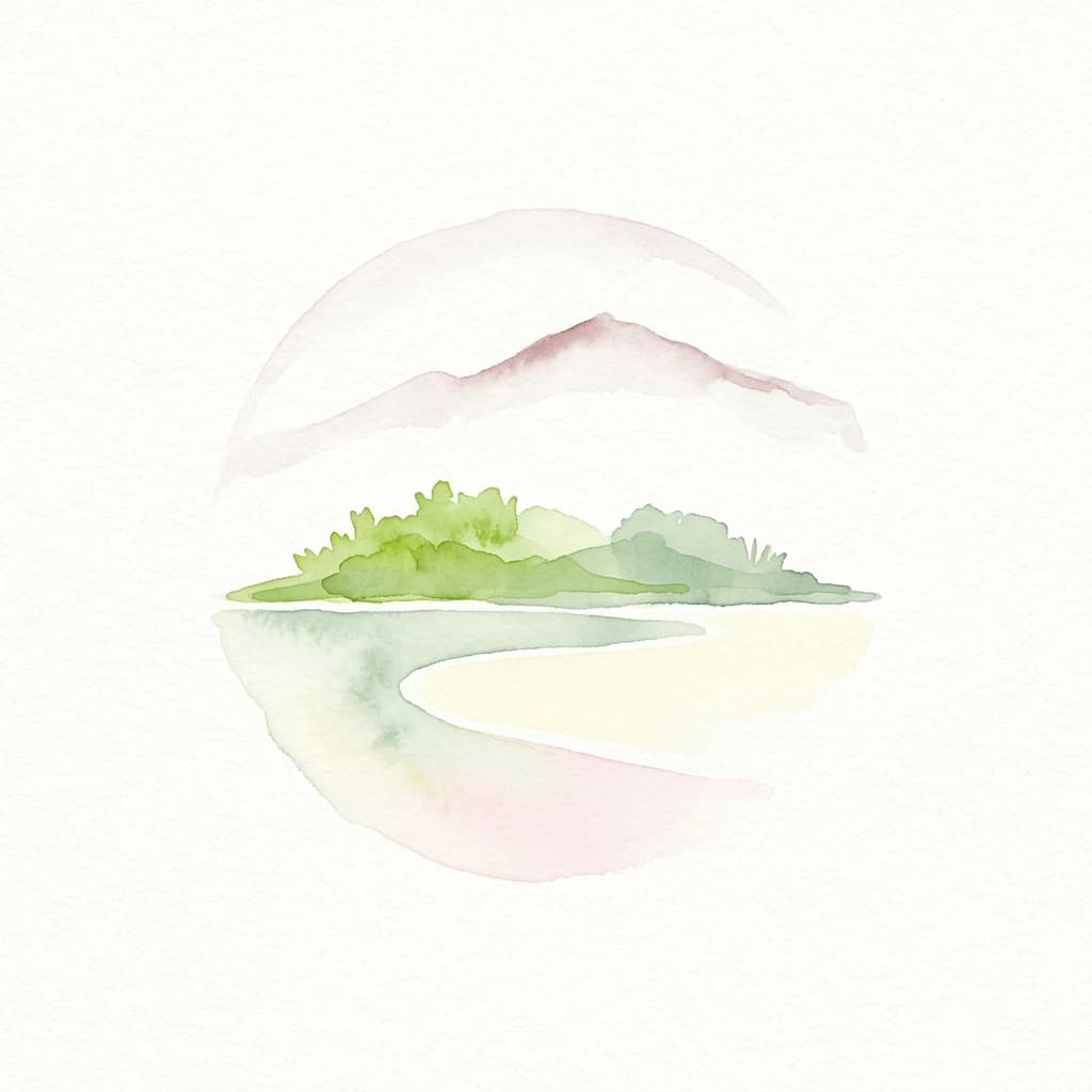 Watercolor illustration of mountains, a body of water, and green vegetation