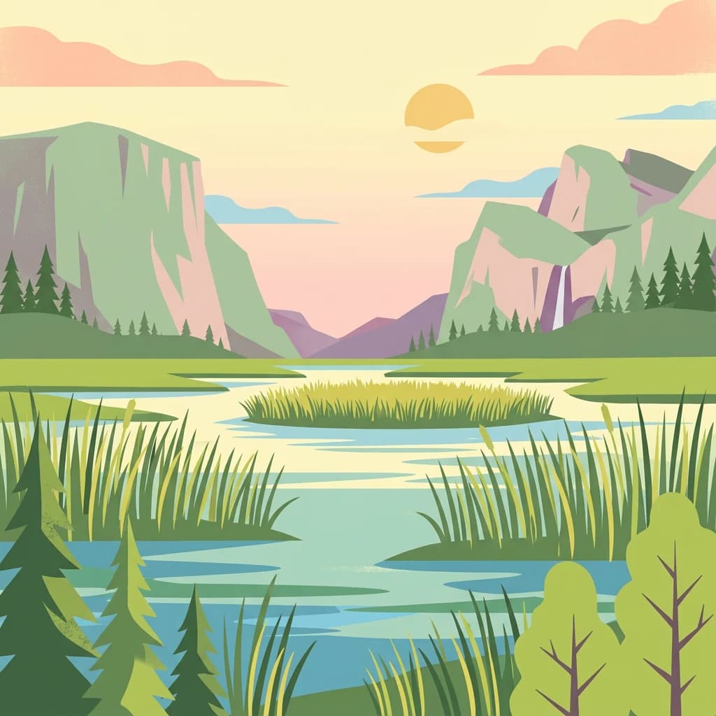 Stylized illustration showing a lake surrounded by mountains and forest with a setting sun