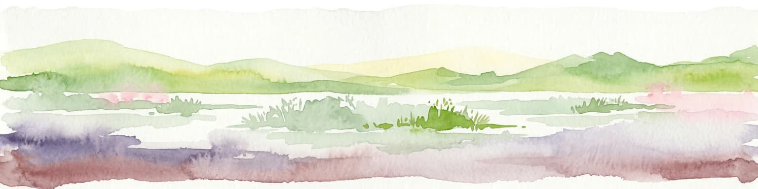 Watercolor painting showing rolling green hills, a body of water, and distant mountains