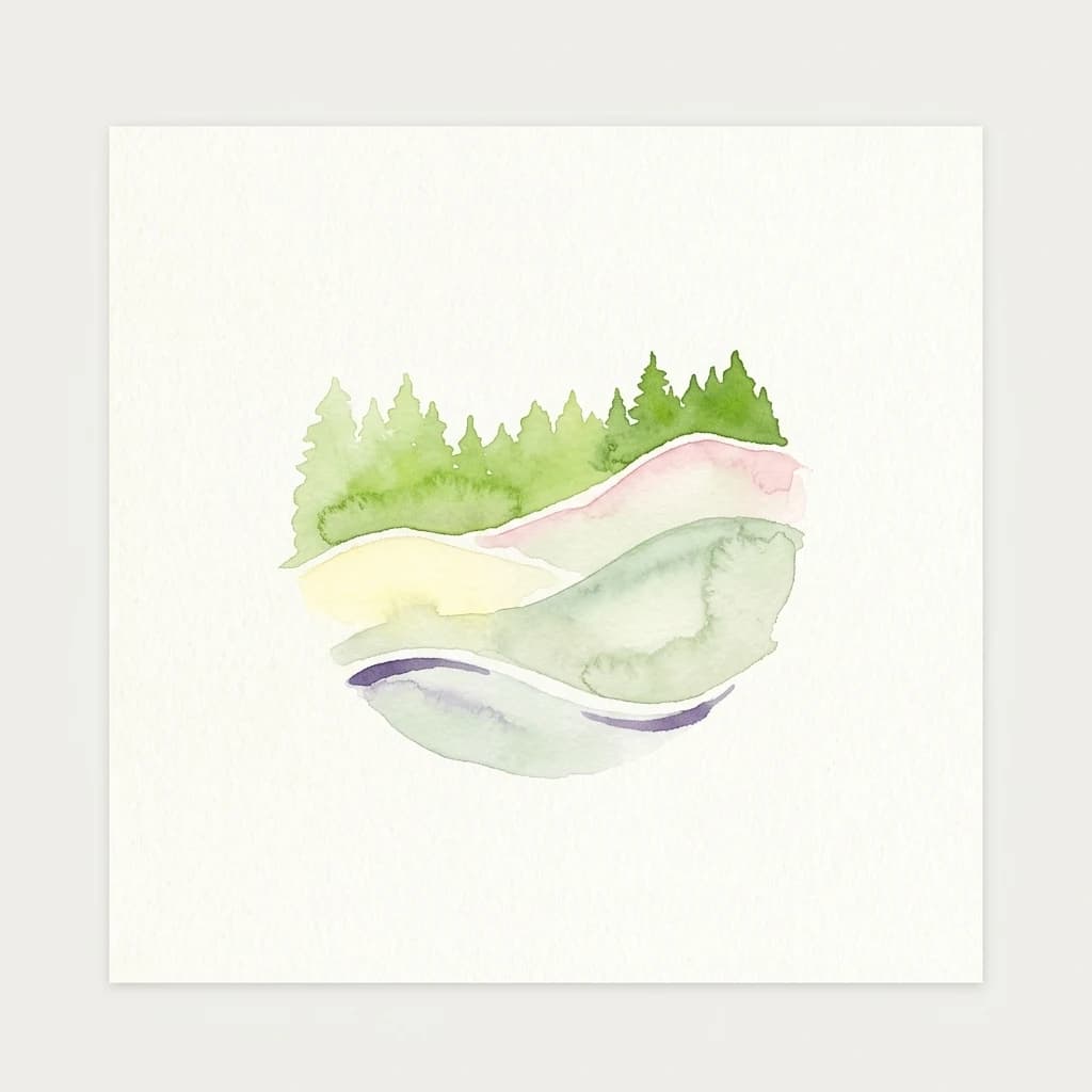 Watercolor illustration showing layered green, yellow, pink, and purple terrain with forested areas on a white background