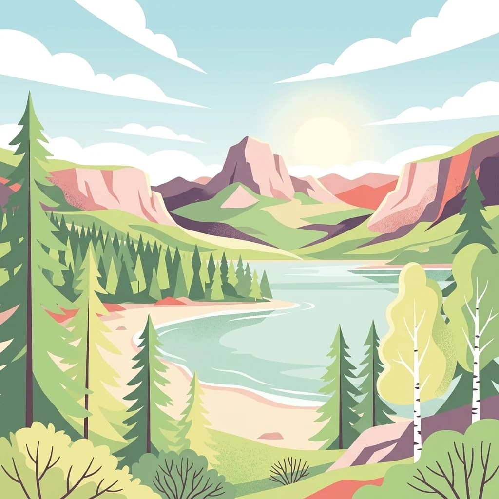 Stylized illustration of a mountainous landscape with a lake, pine trees, and birch trees under a partly cloudy sky