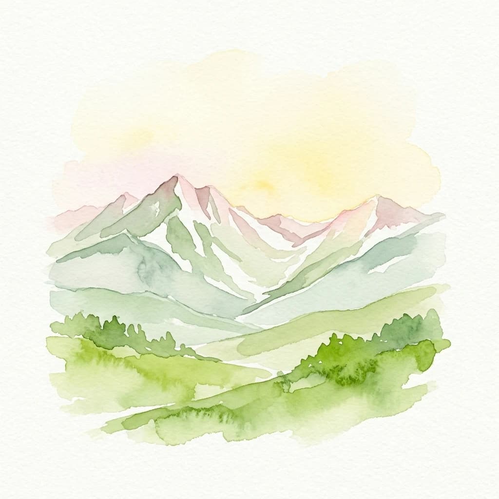 Ilustración acuarela de picos montañosos con parches de nieve, valles verdes y un cielo degradado