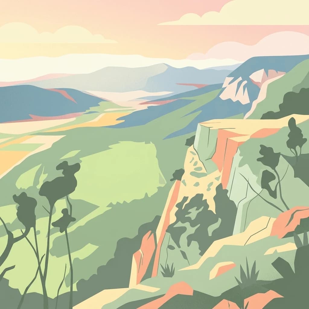 Una ilustración digital estilizada de un paisaje montañoso al atardecer, con prominentes acantilados de piedra caliza en primer plano y un vasto valle que se extiende hacia la distancia bajo un cielo de tonos cálidos.