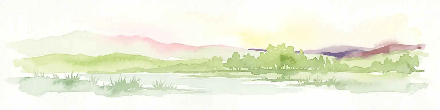 A horizontal watercolor illustration depicting a tranquil wetland landscape with soft green reeds in the foreground, trees in the midground, and purple hills in the distance.
