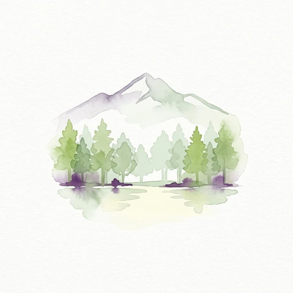 Watercolor illustration showing a mountain with green trees and a reflection in water