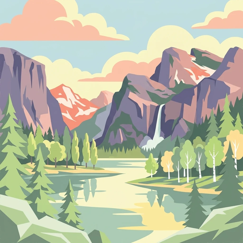 Stylized illustration of mountains, waterfall, lake, and forest landscape