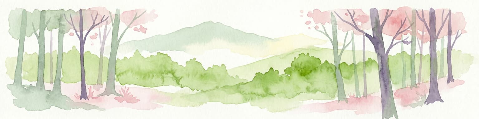 Watercolor artwork showing tall trees, green foliage, and distant mountains under a soft sky