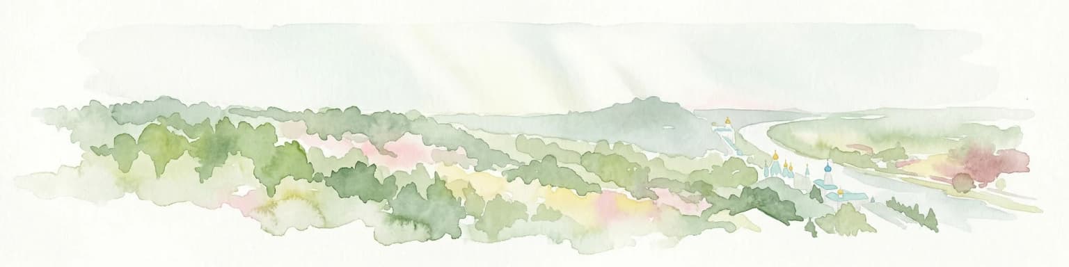 Watercolor illustration showing a river winding through a forested valley with rolling hills and distant mountains under a light sky