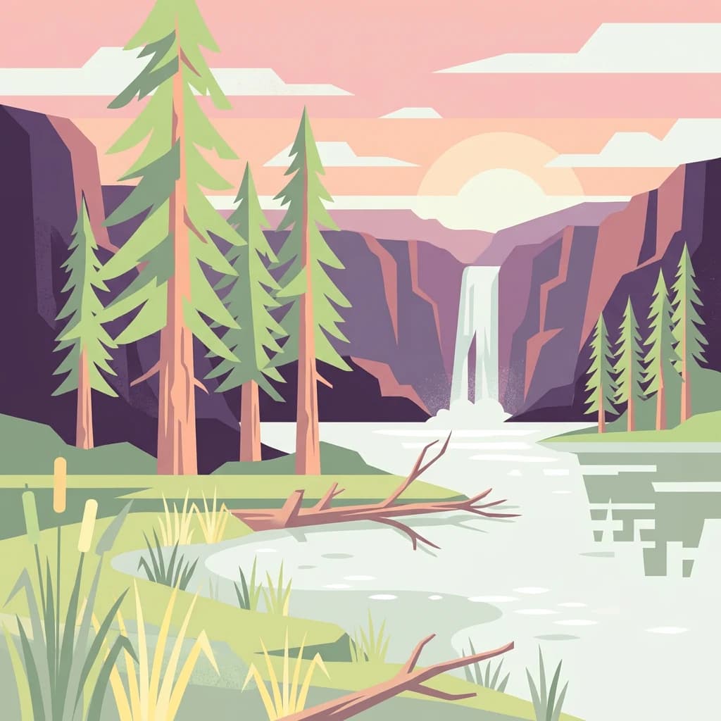 Stylized illustration of a forested landscape featuring a waterfall, river, tall pine trees, and mountain cliffs under a pink sky with clouds
