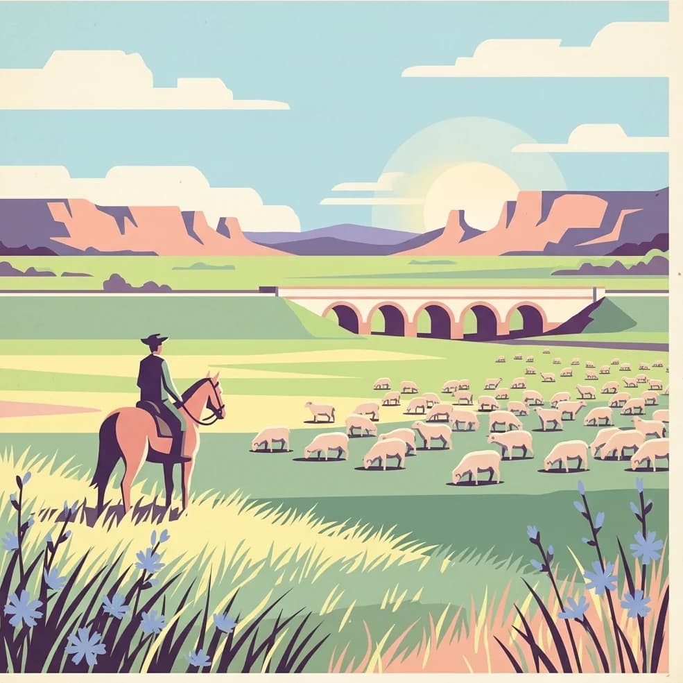 Stylized illustration of a person riding a horse in a grassy field with sheep grazing, a stone bridge in the background, mountains under a partly cloudy sky, and blue flowers in the foreground