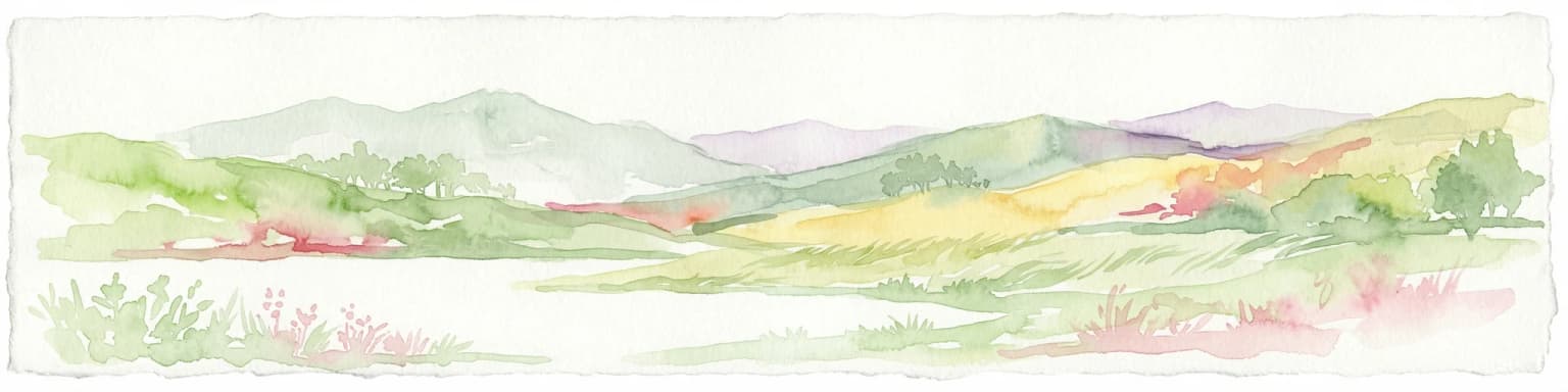 Watercolor painting depicting grasslands, hills, and a body of water.