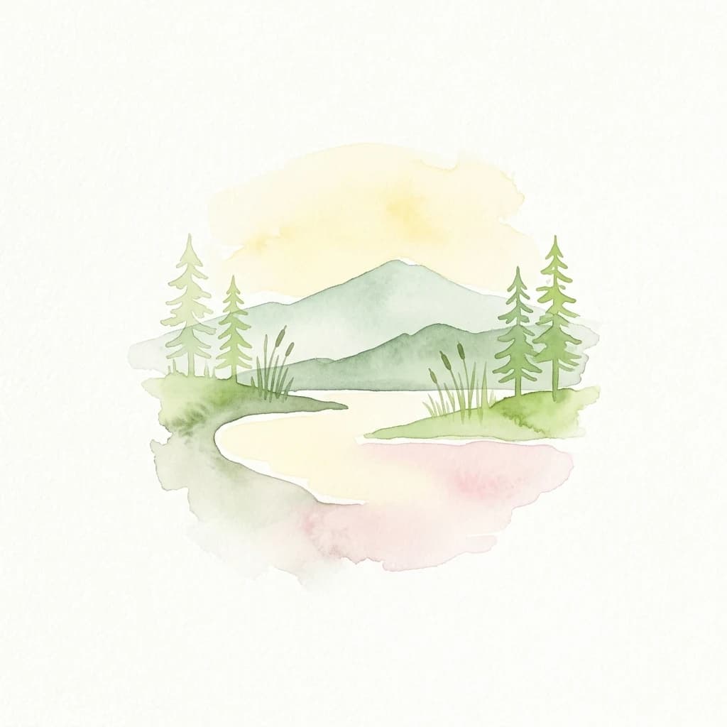 Watercolor illustration of a river flowing through a forested landscape with mountains in the background.