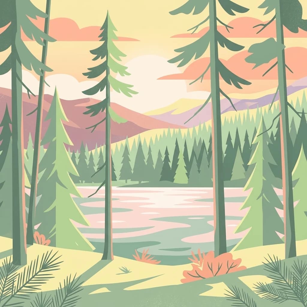 Illustration of a lake surrounded by pine trees with mountains in the background under a colorful sky