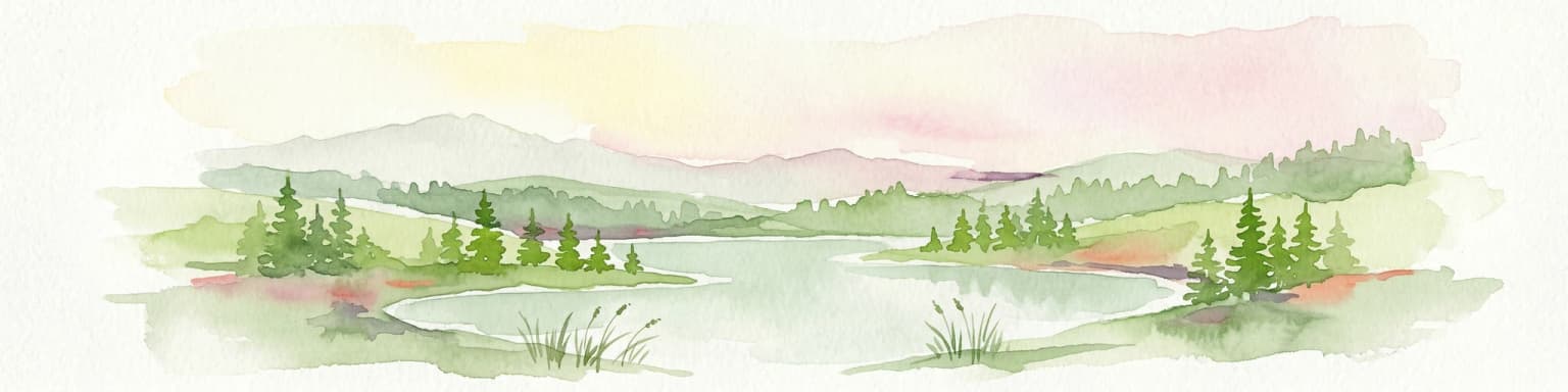 Watercolor painting of a lake with trees and distant mountains under a soft sky