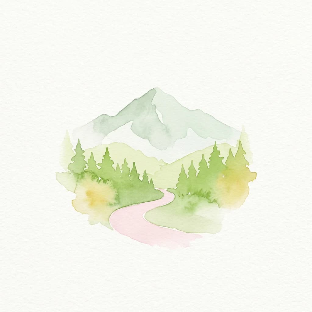 Watercolor illustration of a forested mountain with a winding path
