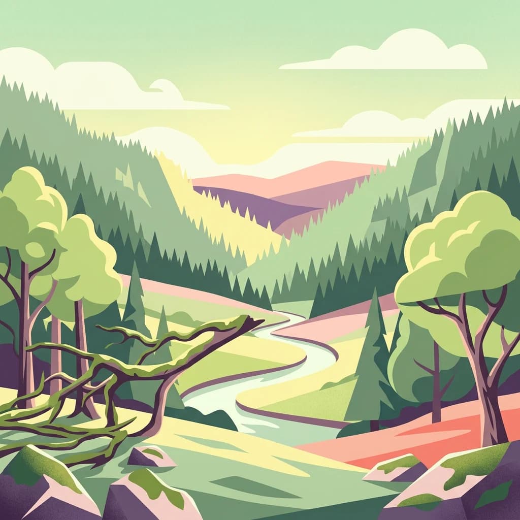 Stylized illustration showing a river flowing through a forested valley with mountains in the background