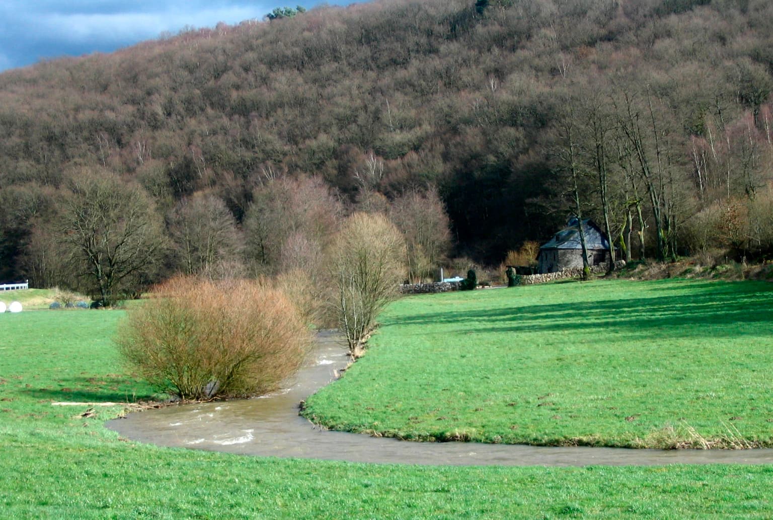 A winding river flows through lush green fields with a forested hillside in the background under a partly cloudy sky