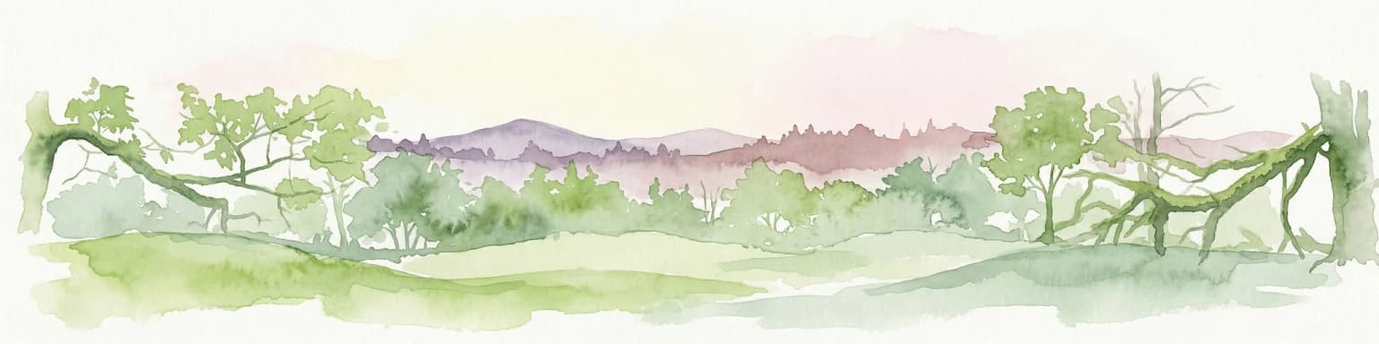 Watercolor painting of a forested landscape with rolling hills and distant mountains under a pale sky