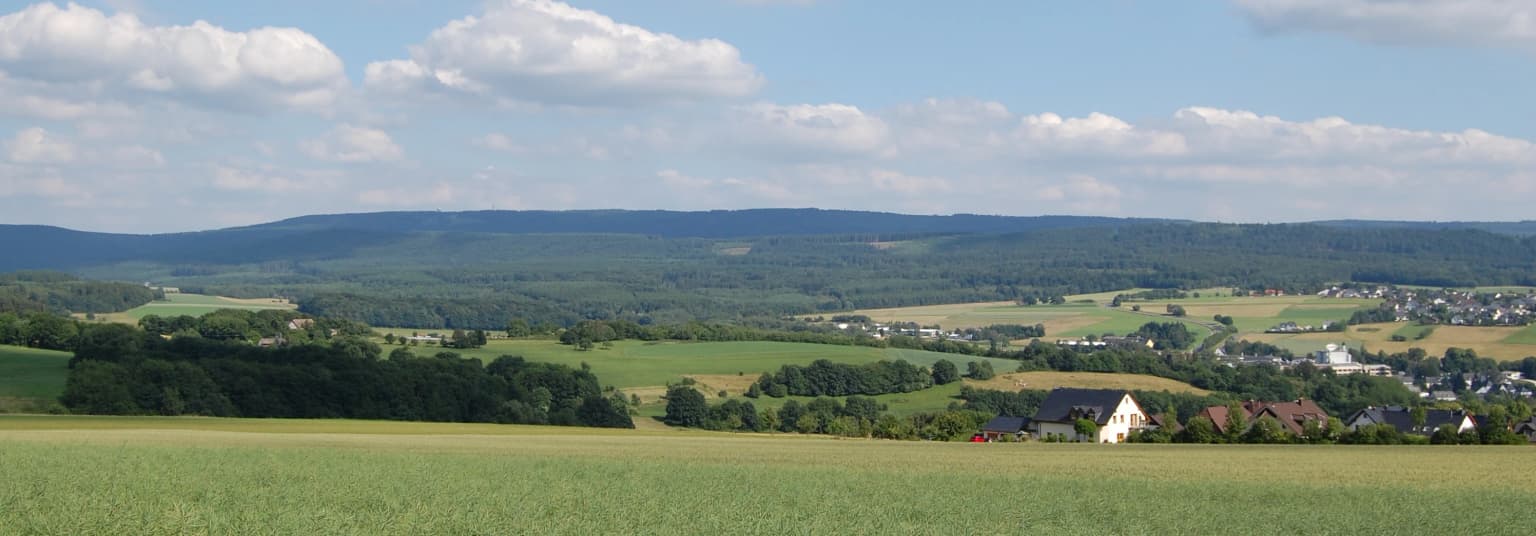 Expansive green fields in the foreground, with a small village including a church tower, surrounded by rolling hills under a partly cloudy sky
