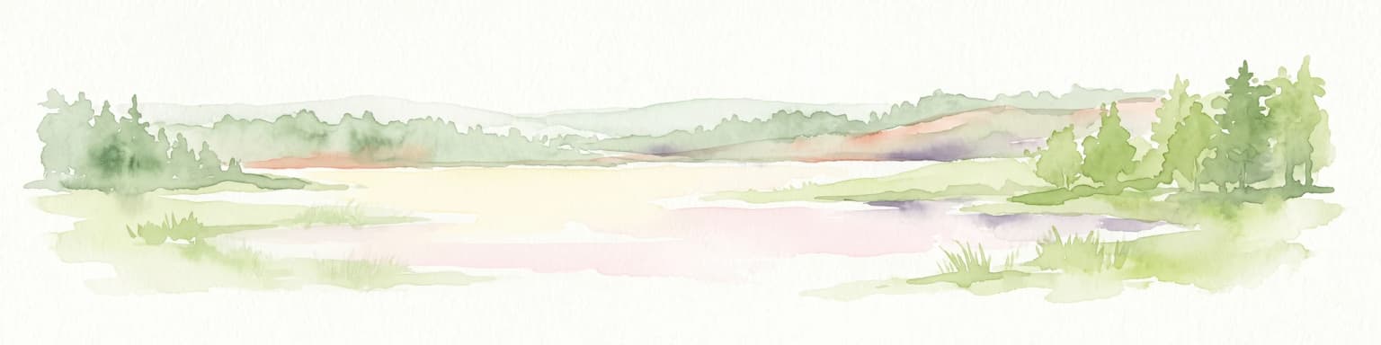 A horizontal watercolor painting showing a quiet lake surrounded by light green pine trees and soft, rolling hills in the distance.
