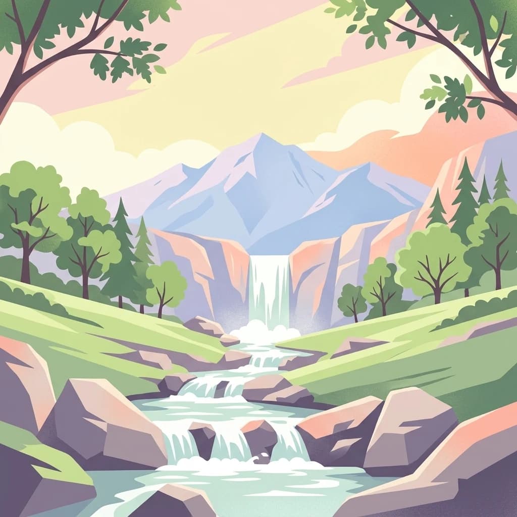 Ilustración estilizada de una cascada cayendo sobre rocas con colinas verdes y montañas al fondo